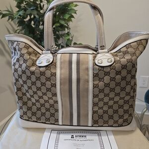 Gucci Beige/White Canvas Vintage Web Sunset  Tote Bag/hand Bag comes with COA